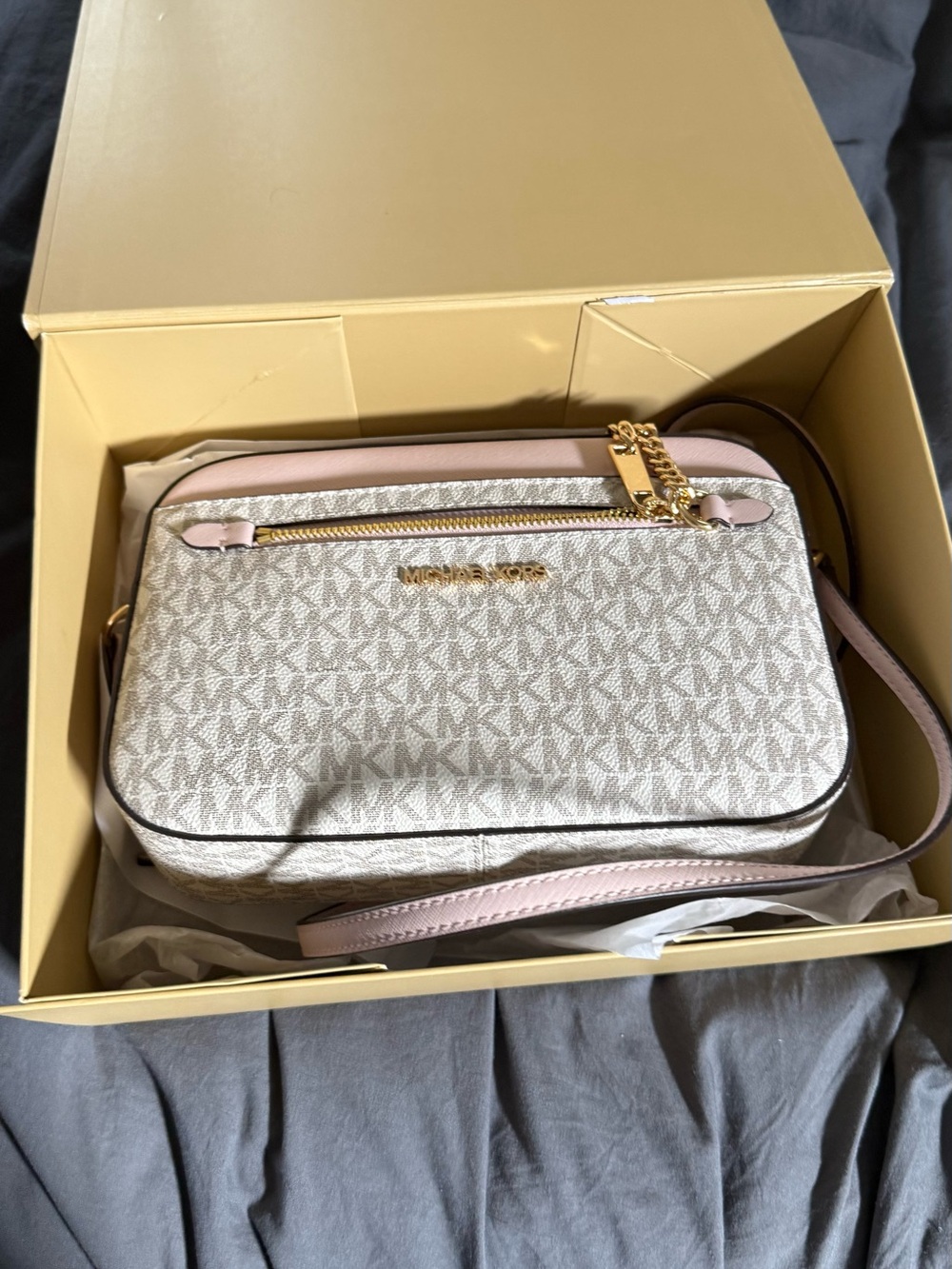Michael Kors Beige MK Signature Crossbody with Pink Trim